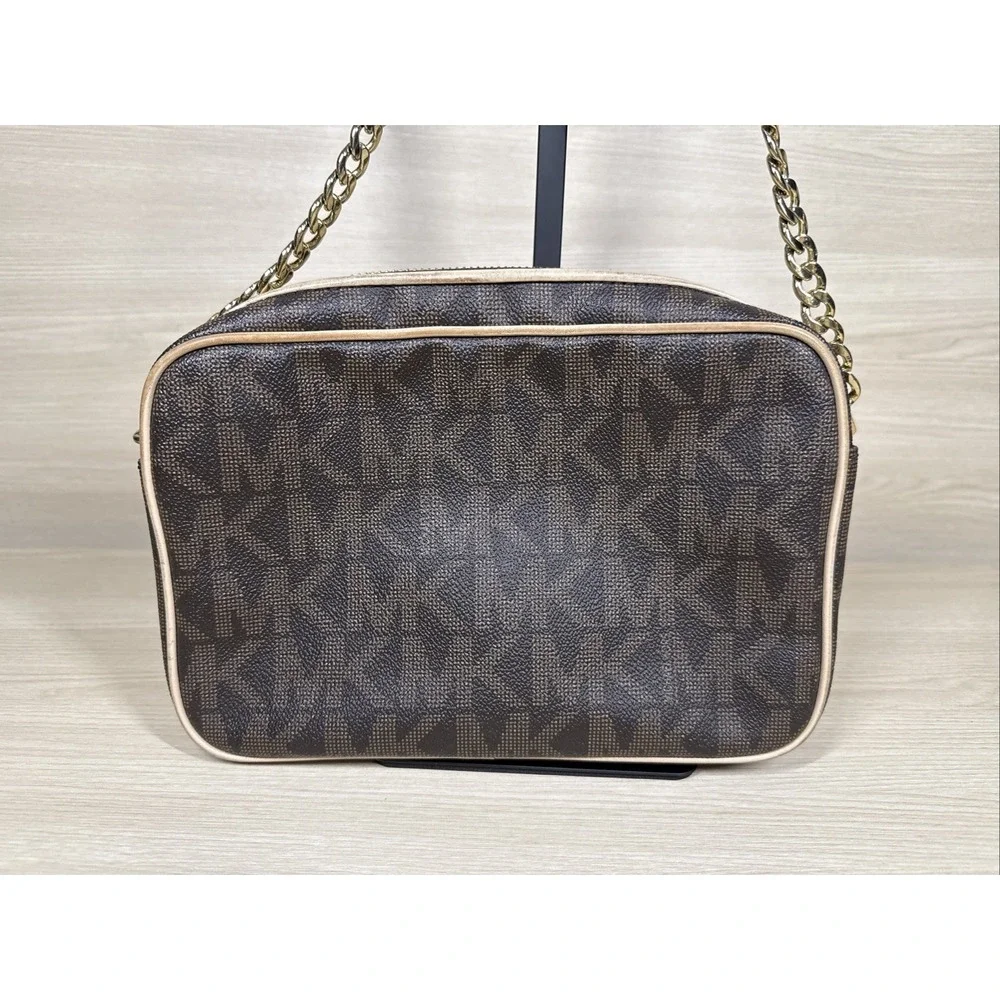 Michael Kors Brown Logo Saffiano Leather‎ Gold Chain Jet Set Small Crossbody